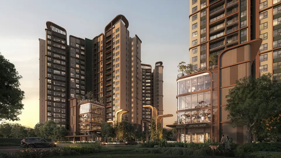 Cụm tháp và khối thương mại Norton Park lúc chạng vạng