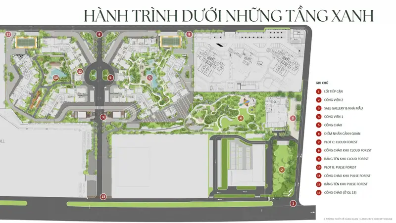 Mặt bằng cảnh quan Norton Park với 2 phân khu Pulse Forest, Cloud Forest và các công viên nội khu