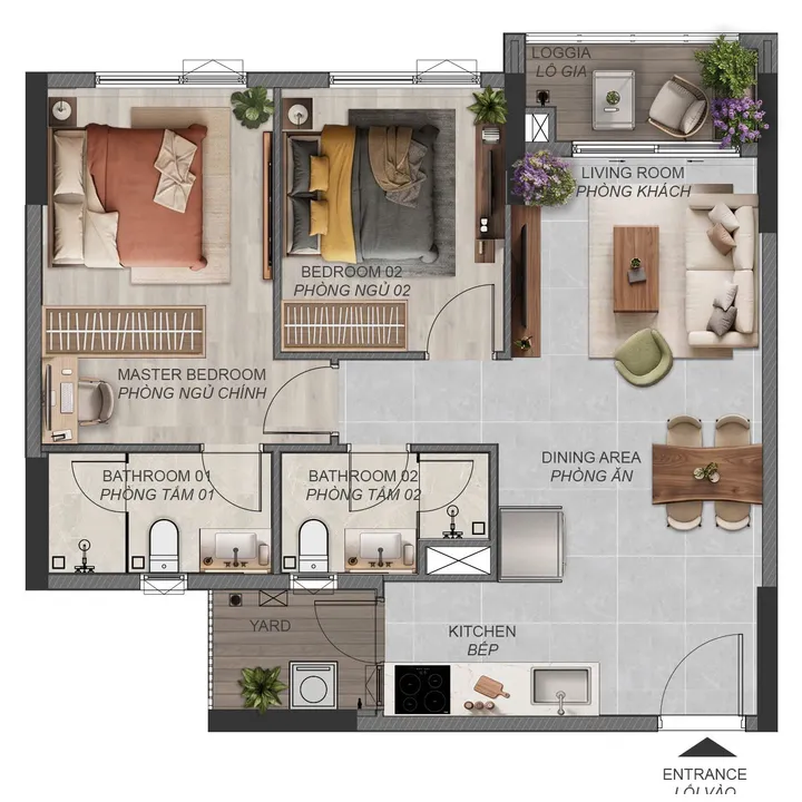 Mặt bằng căn 2 phòng ngủ 2BR_2A