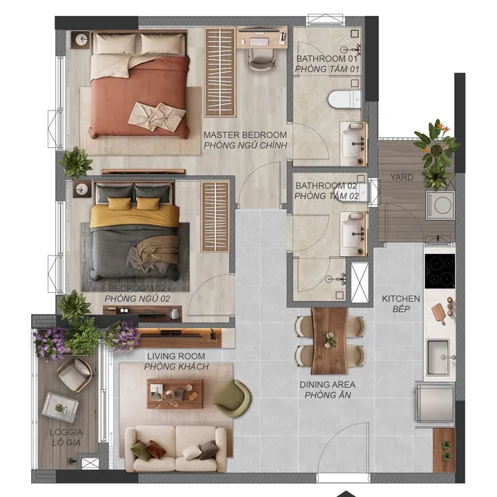 Mặt bằng căn 2 phòng ngủ B6.1a