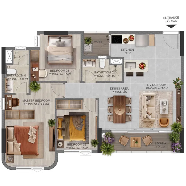 Mặt bằng căn 3 phòng ngủ C5.1a