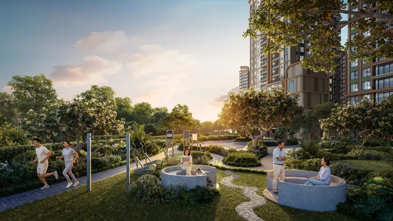 Công viên xanh với đường chạy bộ giữa các tòa tháp Norton Park